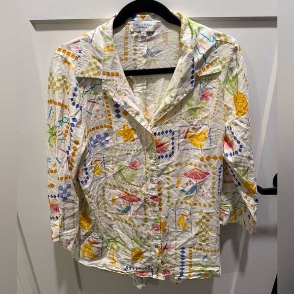Calypso St. Barth Tops - Calypso St. Barth Linen Blend Button Down Shirt Tropical Print Size L